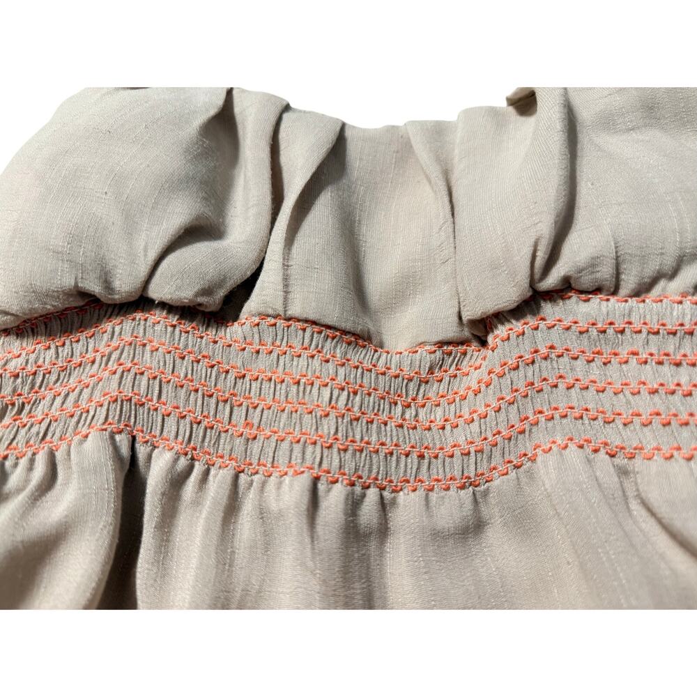 Anthropologie Boho Taupe Babydoll Top Size XL Smocked Waist Coral Embroidery Y2K - Picture 3 of 8